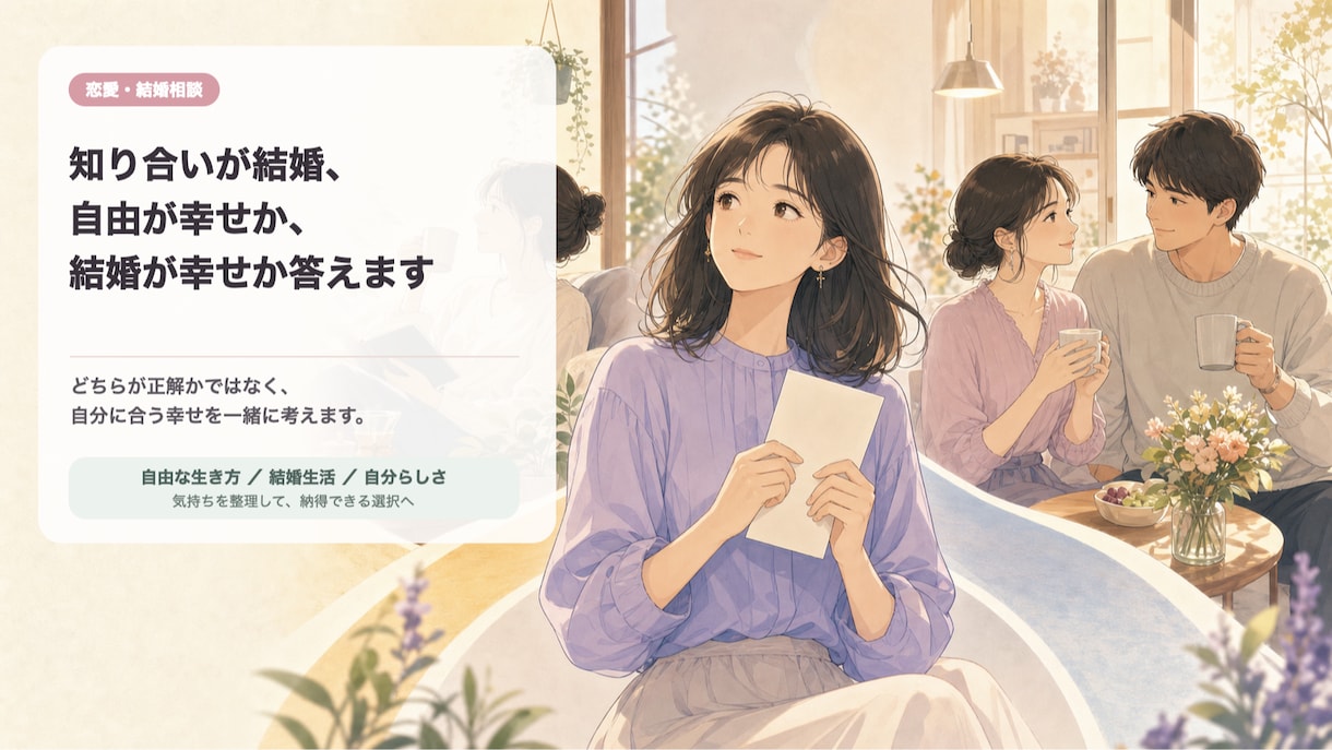 知り合いが結婚、自由が幸せか結婚が幸せか答えます 30歳前半になり結婚をする人が増えて、悩む必要はありません。 イメージ1