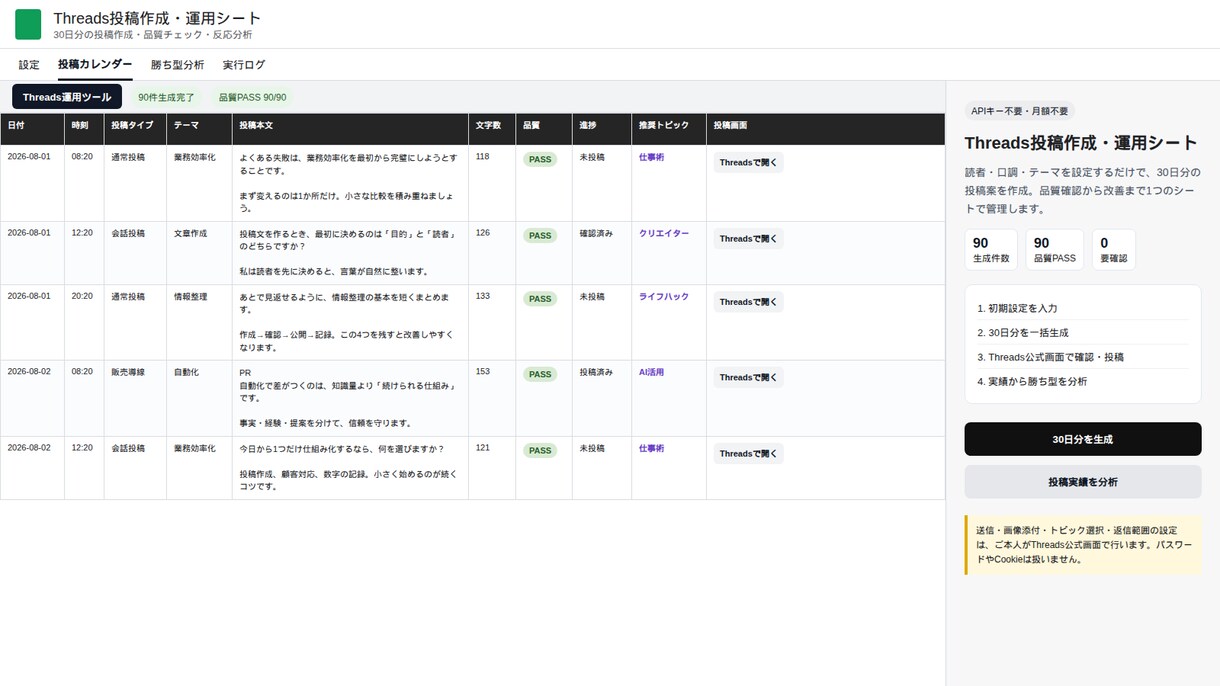 Threads投稿作成・運用シートを納品します APIキー不要。30日分最大90件の投稿案を作成・管理 イメージ2
