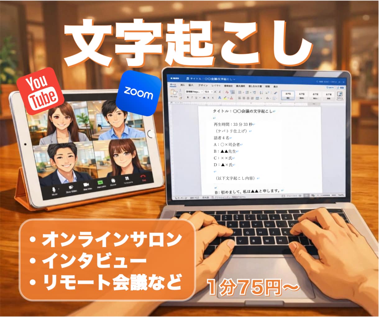 1分75円で各種動画の文字起こしを喜んで承ります オンライン会議やYouTube演者の丁寧な書き起こし代行！ イメージ1