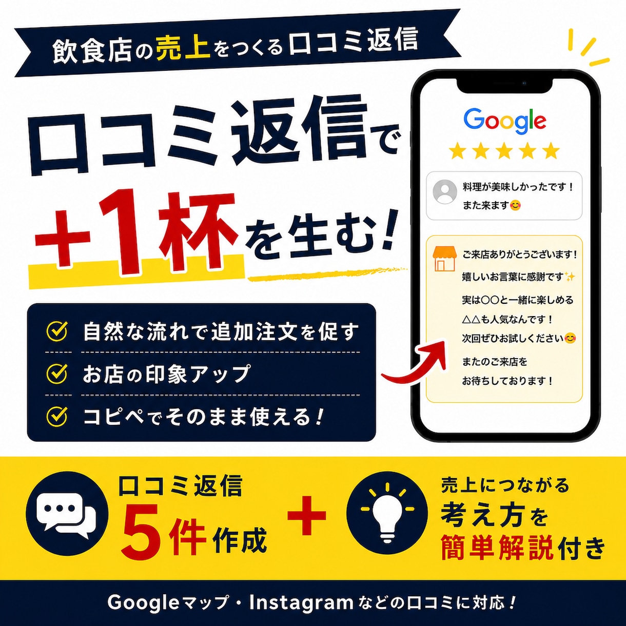 飲食店のGoogle口コミ返信を5件作成します 口コミ返信でお店の印象を整えます イメージ2