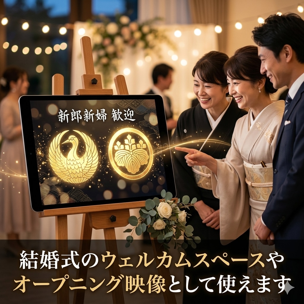 結婚式ウェルカム動画｜両家の家紋で和婚演出します 先祖とあなたを結ぶ命の絆。黄金の家紋で綴る感謝の和婚演出。 イメージ2