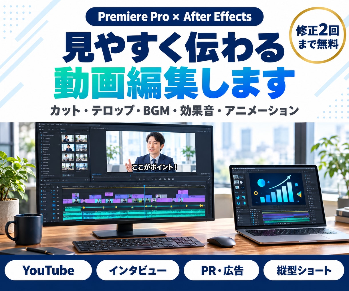 Premiere Pro・AEで動画編集します 素材を送るだけ。カット・テロップから動きの演出まで仕上げます イメージ2