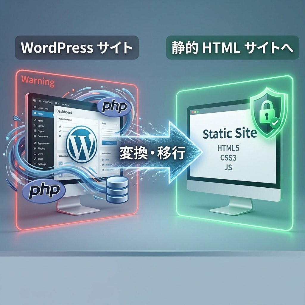 サイトを安全な静的HTMLに移行・構築します 管理画面の維持やPHPの不具合も気にする必要はありません。 イメージ2