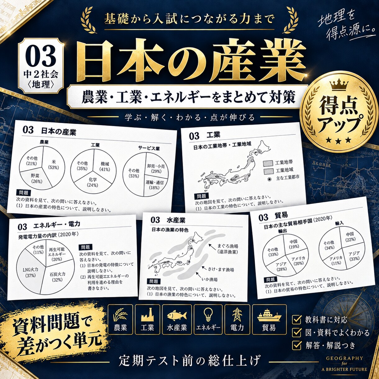 中２社会・地理全分野の定期試験対策問題を提供します 圧倒的な演習量で定期試験で90点以上を狙いましょう！ イメージ3