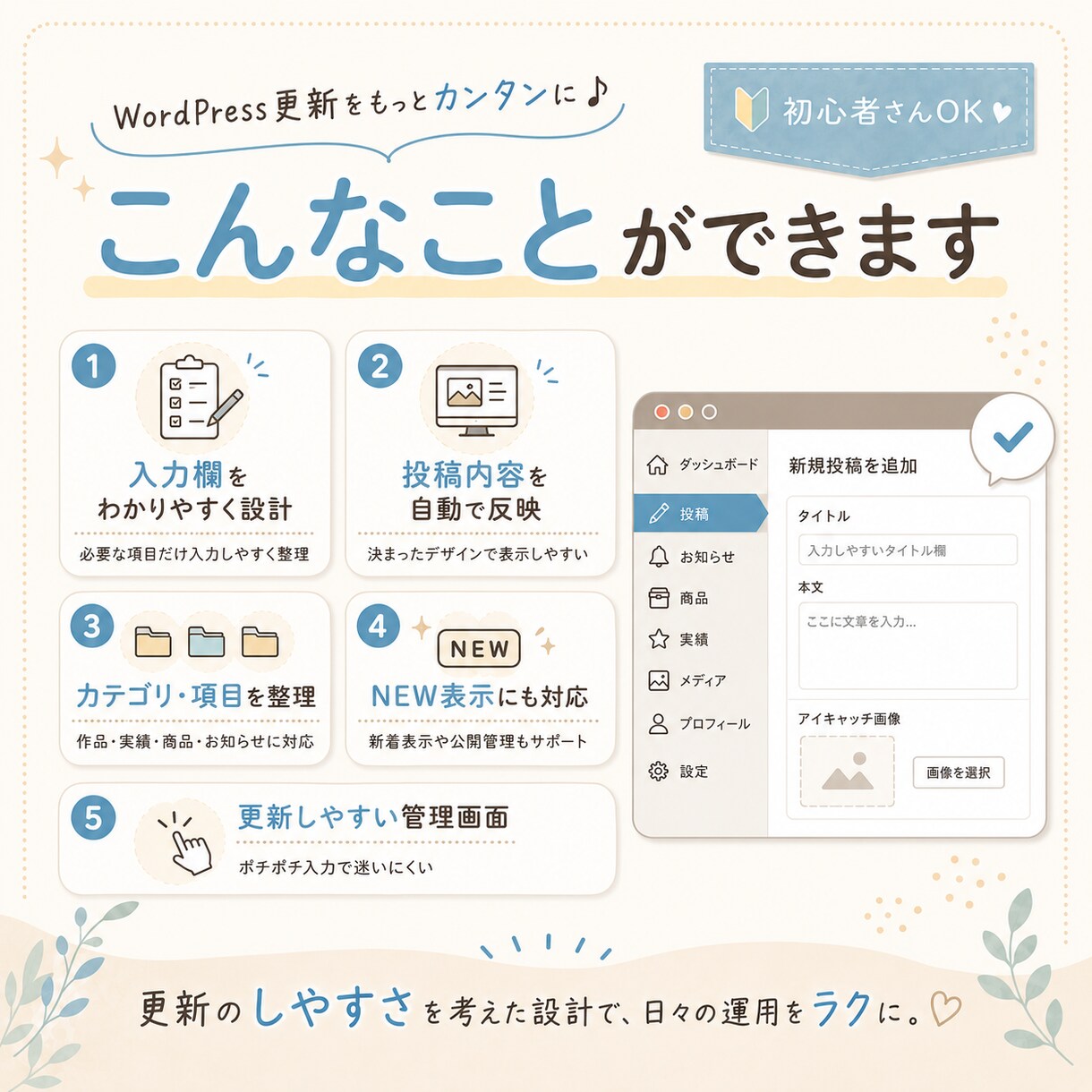 WordPressを簡単更新できる投稿画面にします はじめて・初心者さんも安心！更新作業をぐぐっと短縮できます♪ イメージ2