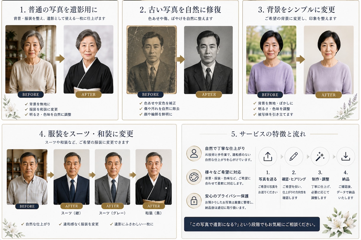 遺影・人物写真を自然にきれいに仕上げますます 大切な写真を自然で見やすい一枚に整えます イメージ2