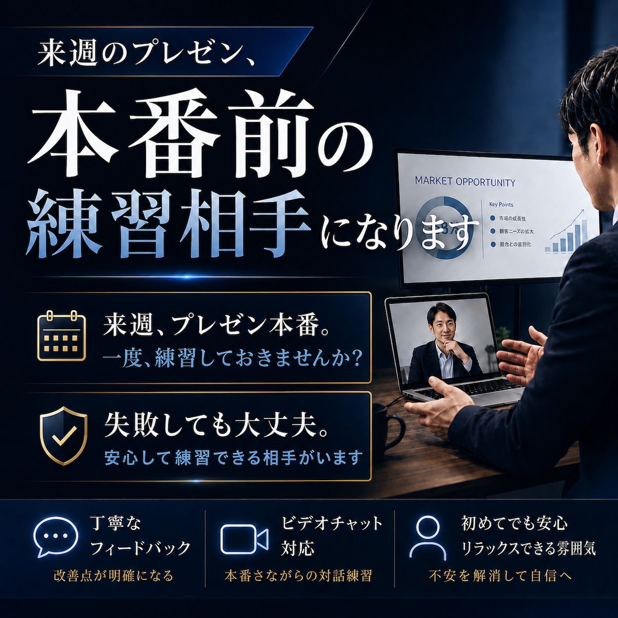 本番前のプレゼン練習相手になります 失敗も途中で止まってもOK。 まずは誰かの前で話しませんか？ イメージ1