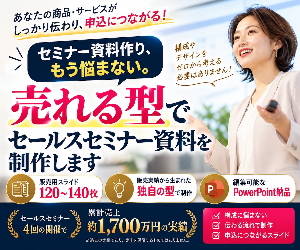 売れる型でセールスセミナー資料を制作します 構成に悩まない！販売用スライド120〜140枚をまとめて制作 イメージ1