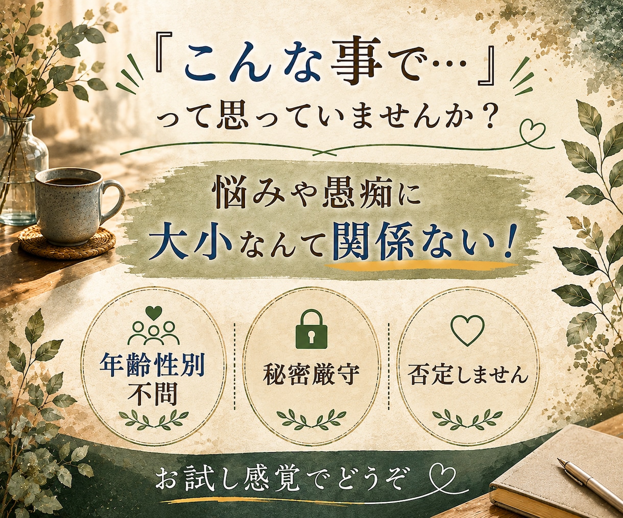 年齢性別不問◇短時間でもそのお気持ちお聴きします 悩み・愚痴に大小はない▶こんな事で…と思う事こそ吐き出そう! イメージ1
