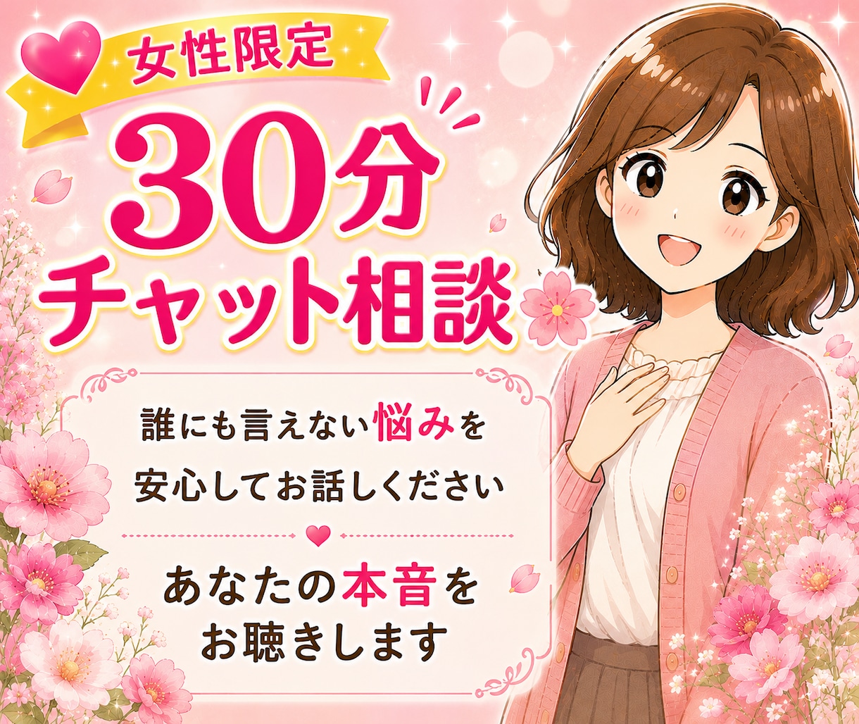 30分チャットで誰にも言えない悩みをお聴きします 家庭/子育て/夫婦/仕事/人間関係/嫁姑問題など イメージ1
