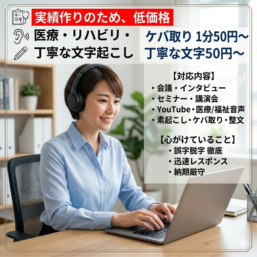 医療・福祉も対応、丁寧・正確な文字起こしを承ります 理学療法士が、一つひとつ丁寧に文字起こしいたします。 イメージ1