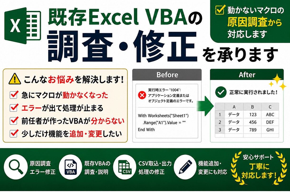 既存Excel VBAのエラー調査・修正を承ります 動かないマクロの原因調査から対応します イメージ1