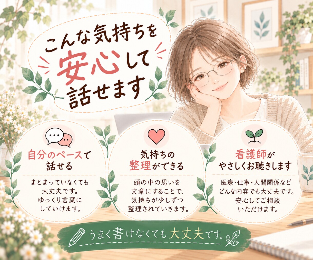 誰にも話せない気持ちを文章でゆっくりお聴きします 文章だからこそ、自分のペースで話せる場所です イメージ2