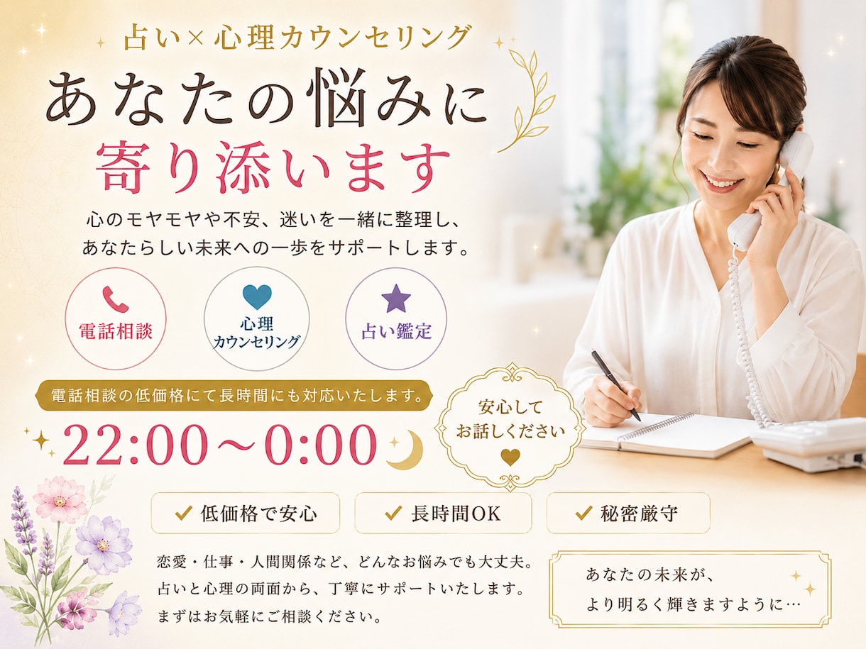 22時00分～0時00分まで受付をしております 時の占星術（ホラリー）などを使って悩みを電話にてご相談します イメージ2