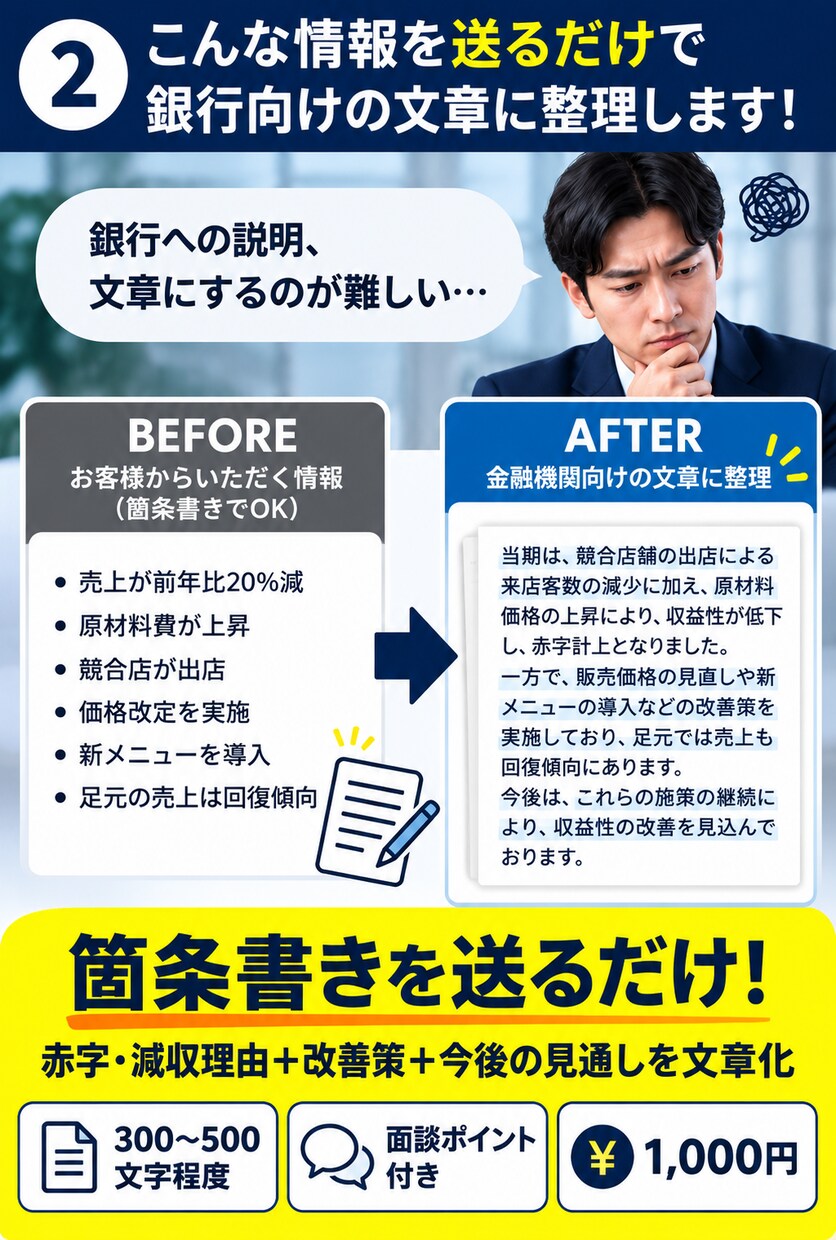 銀行に提出する赤字・減収理由を文章にまとめます 金融機関の経験を活かし、改善策・今後の見通しまで整理します イメージ2