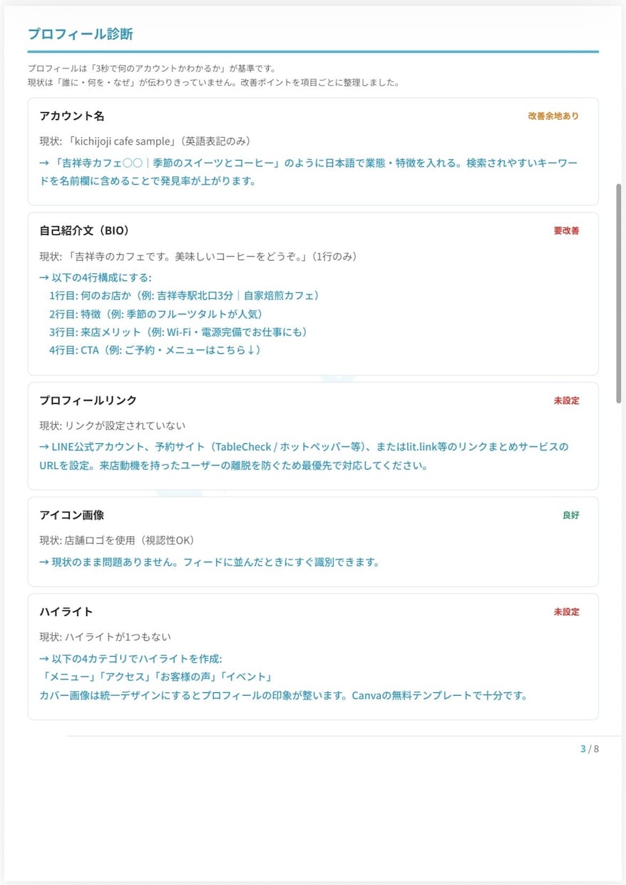 あなたのインスタ、伸びない原因を見つけます 伸びない原因をレポートにまとめて改善アクションを整理 イメージ4
