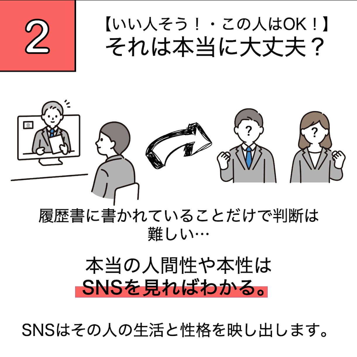 対象者のSNSに問題がないか調査します AIを活用して応募者の本性を知ることが可能 イメージ4