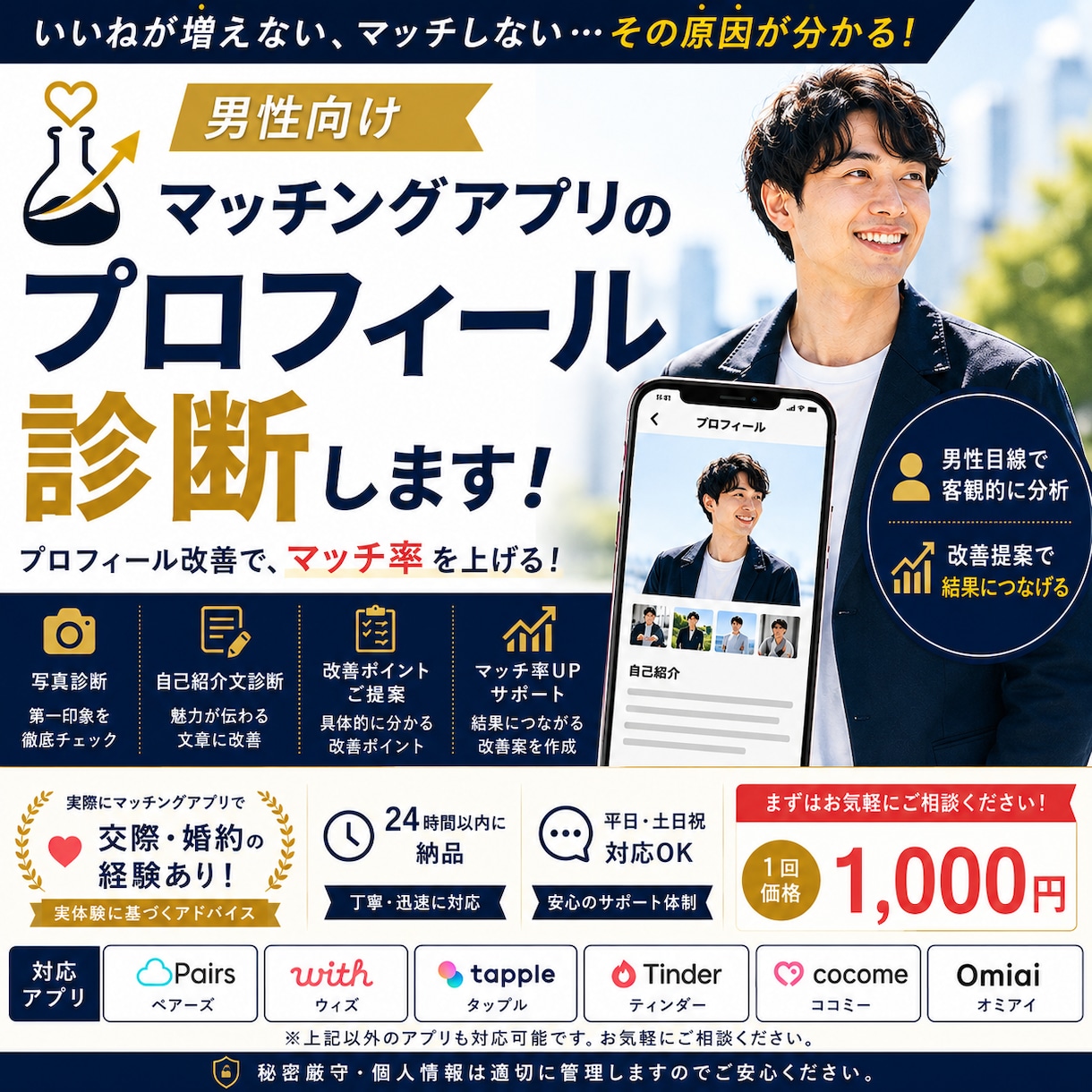 マッチングアプリのプロフィールを本気で診断します いいねが増えないなどプロフィール改善で結果につなげます。 イメージ1