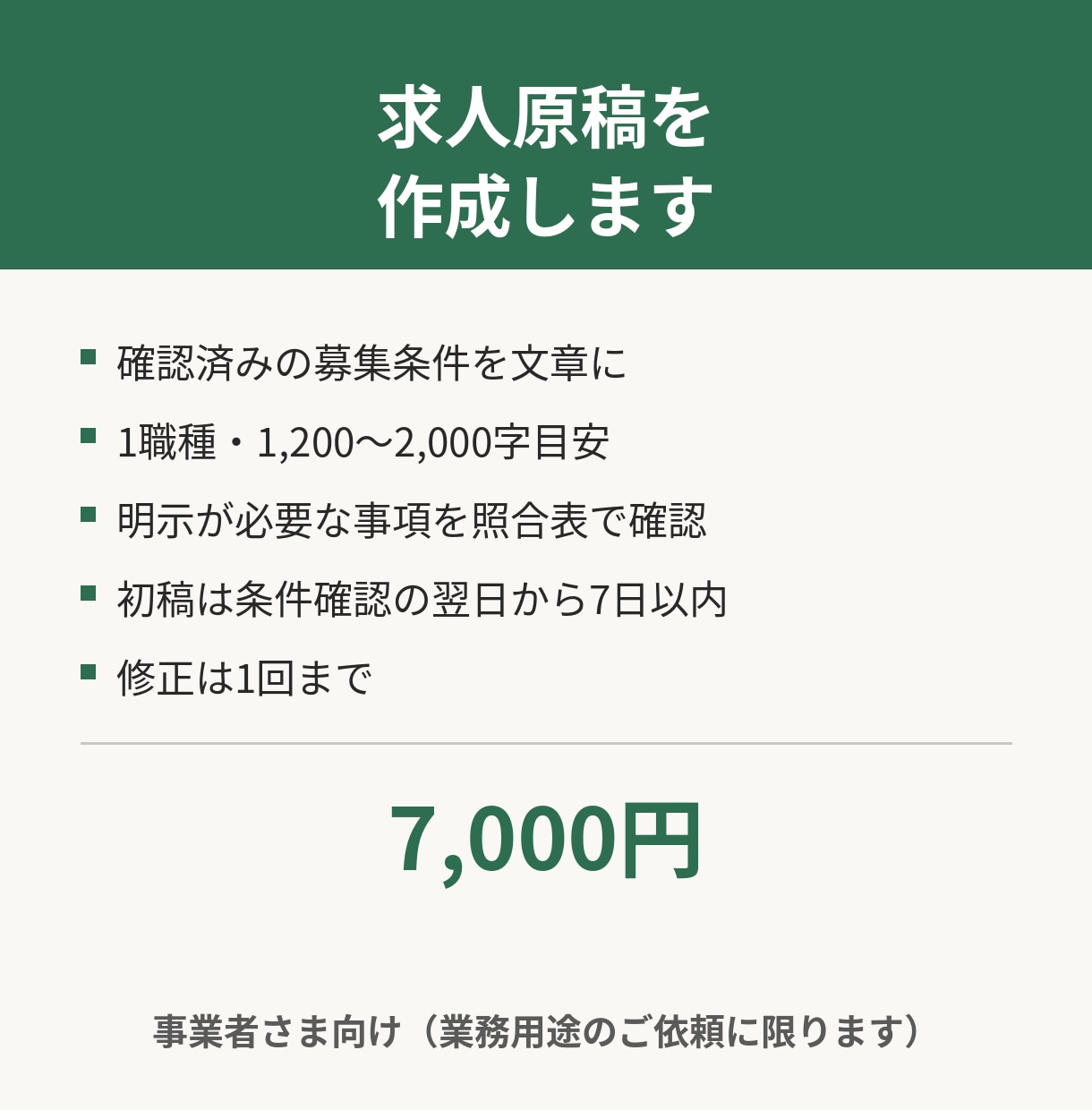 確認済みの募集条件から求人原稿を作成します 業務用途限定。条件を推測で足さず丁寧に原稿化します イメージ1