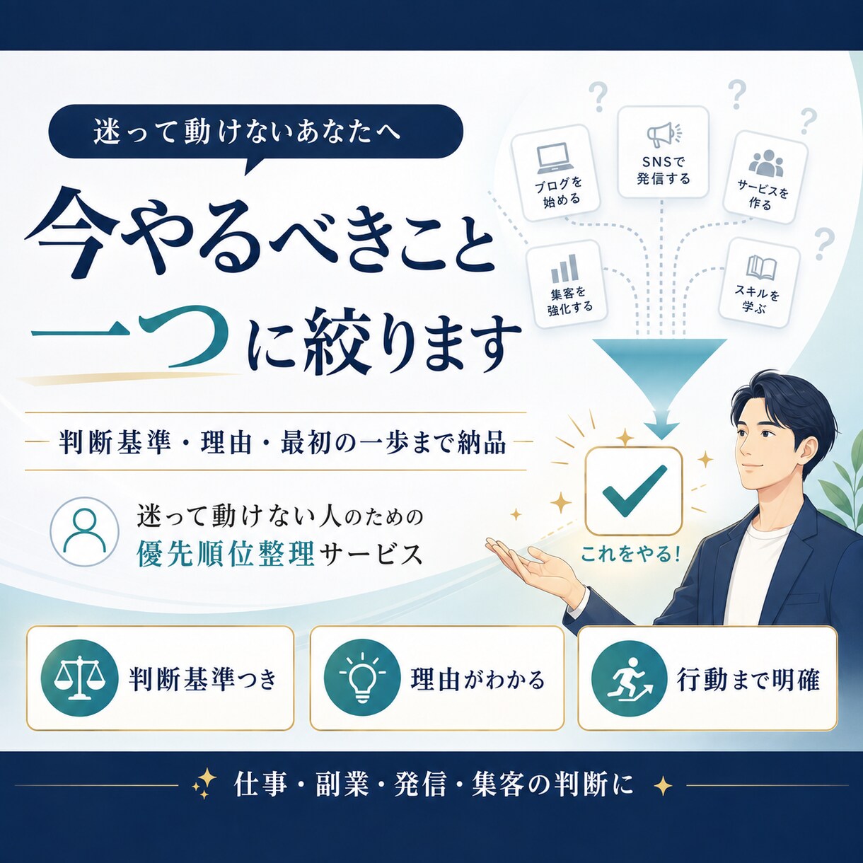 今やるべきことを一つに絞ります 迷いを整理し、判断理由と最初の一歩を届けます イメージ1