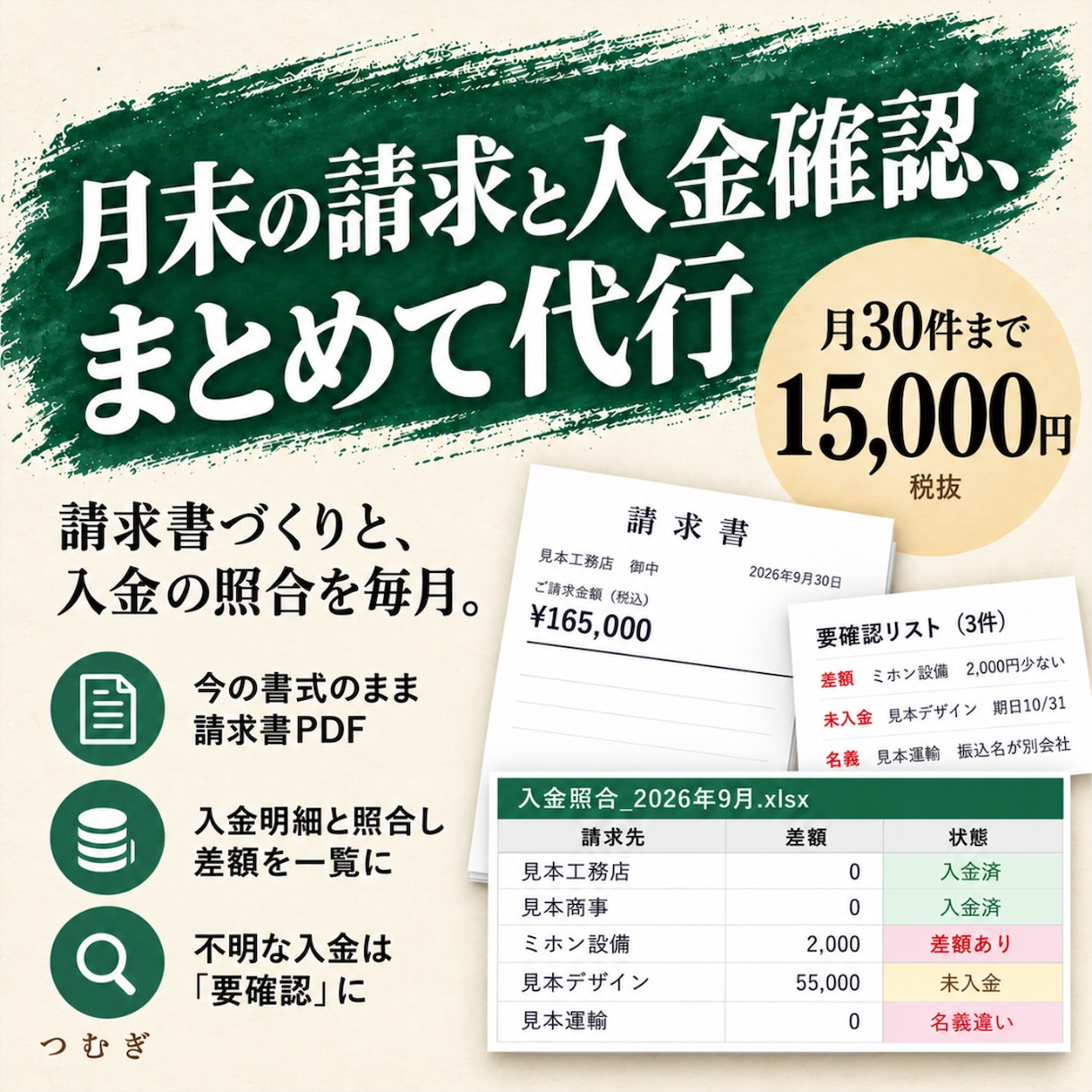 丸投げOK！月末の請求書作成と入金確認を代行します 即日返信。請求30件まで。請求書PDFと入金一覧を毎月納品 イメージ1