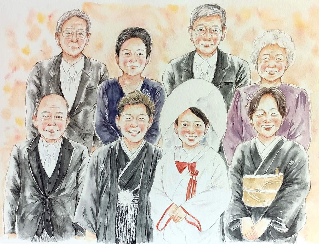 手描きの温かい似顔絵を水彩でお描きします 還暦祝いや米寿祝い、ウェディングにおすすめです(A4サイズ) イメージ1