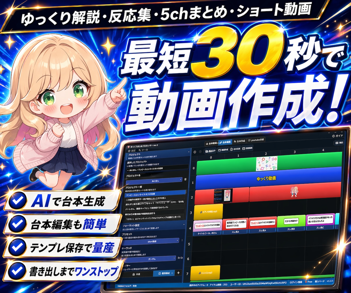 ゆっくり解説・反応集・5chまとめ等を自動化します ネタ探し～台本作成～投稿準備まで、手作業をまとめて時短 イメージ1