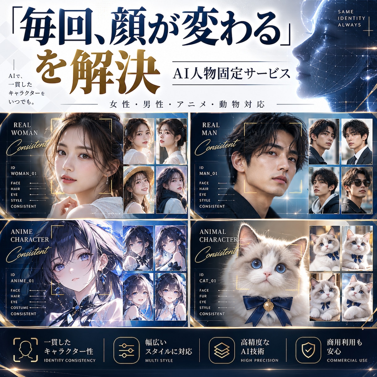AI人物・キャラクターの顔を固定して統一します 「生成するたび顔が変わる」→同一人物として使いやすくします イメージ1