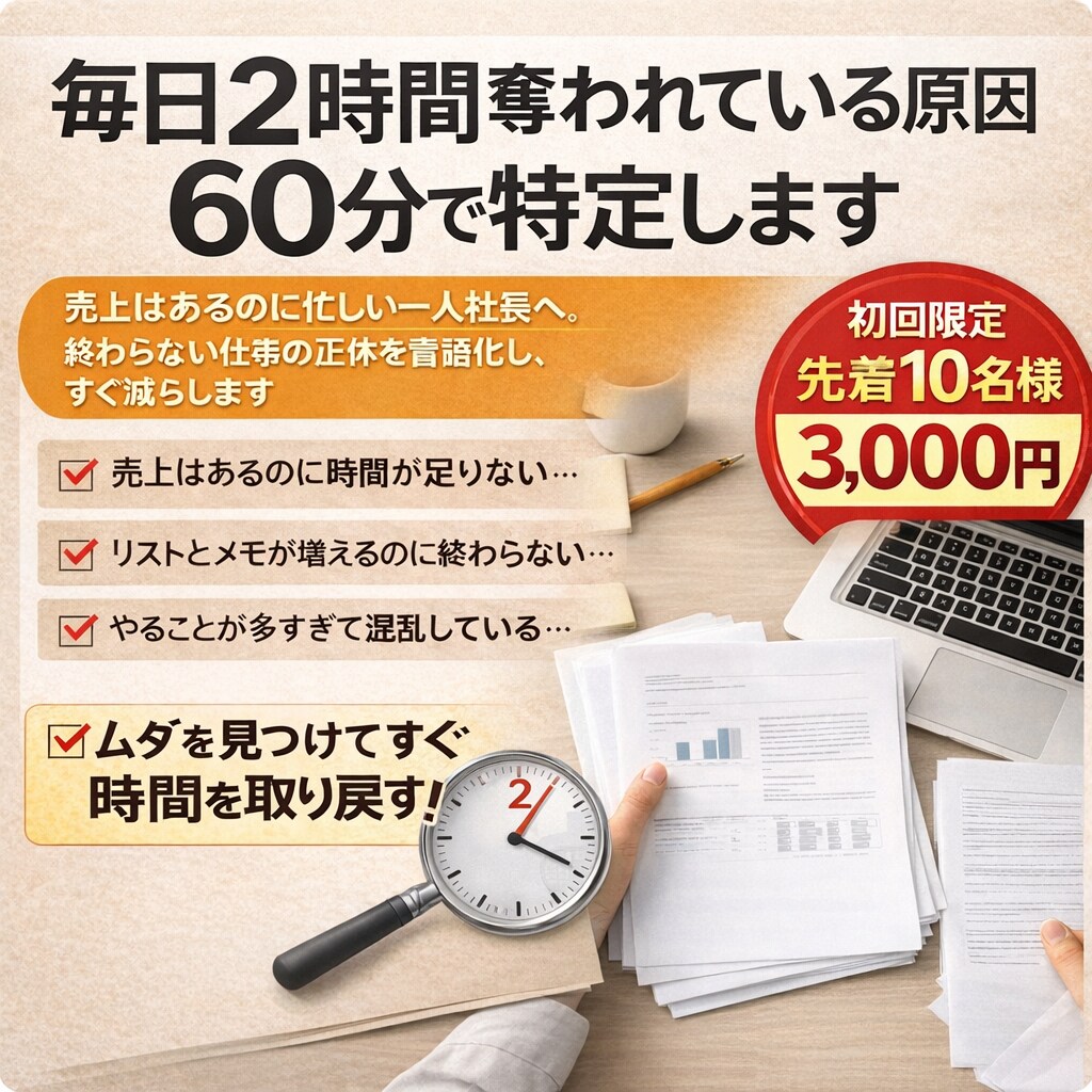 売上あるのに忙しい方へムダと優先順位を可視化します 忙しさの原因を特定し、すぐ減らしします イメージ1
