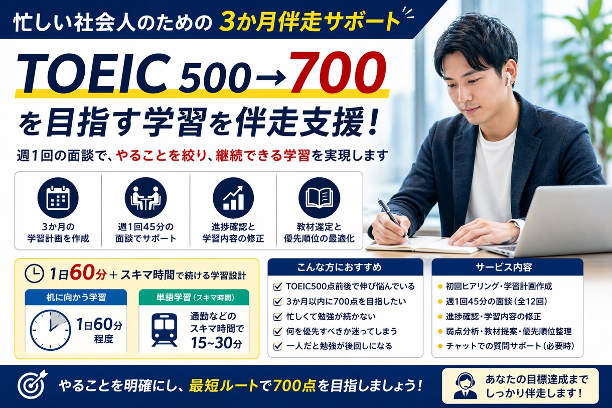 社会人向けTOEIC500→700伴走します 週1面談で3か月、学習を継続できる形にします イメージ1