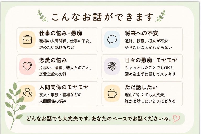 誰にも言えない悩みや愚痴をゆっくり聞きます 仕事・恋愛・人間関係など何でも気軽に話してください☺︎ イメージ2