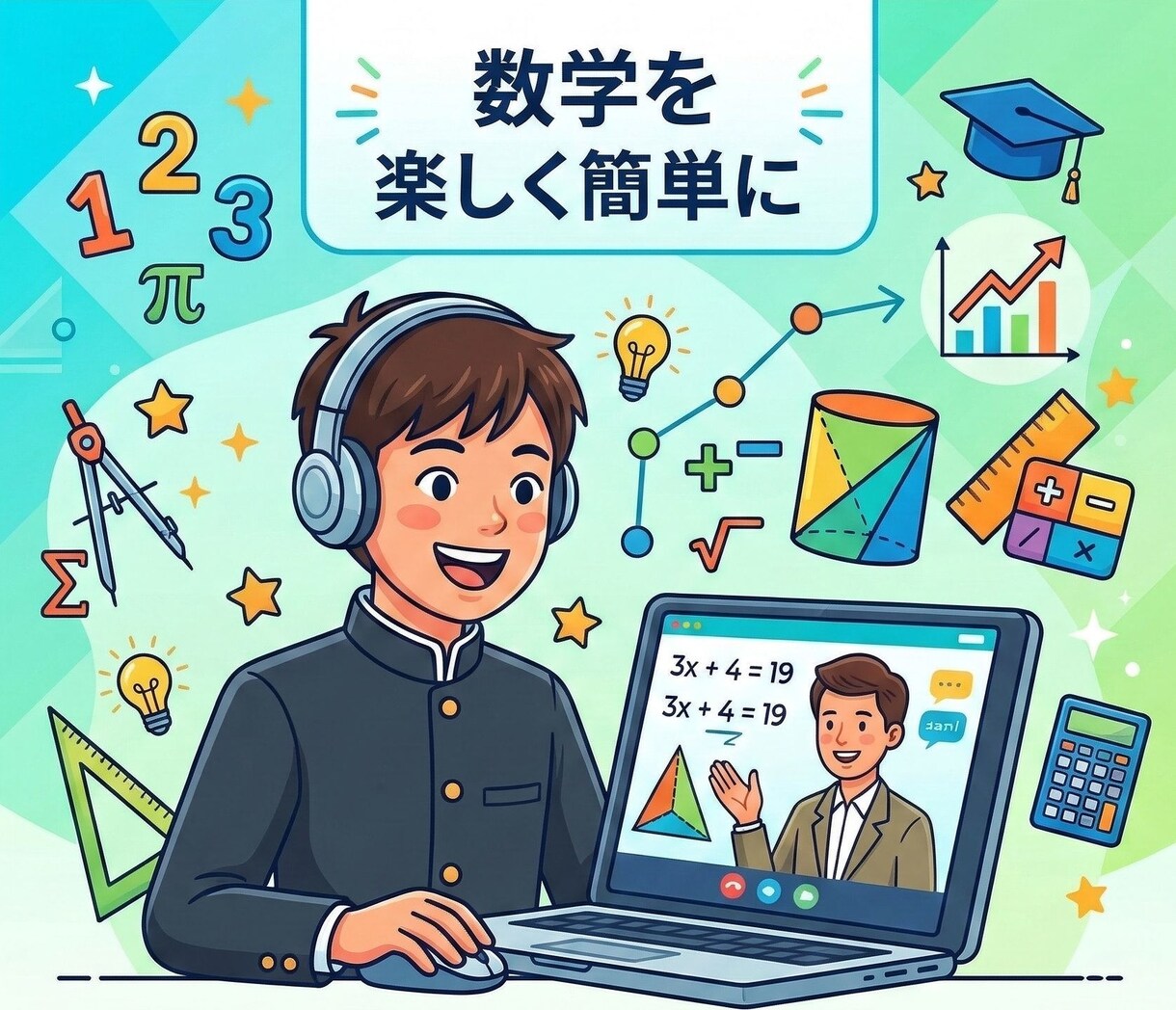 中学数学教えます！不登校生大歓迎　丁寧に指導します 数学のプロ講師があなたとビデオチャットで対面指導いたします。 イメージ1