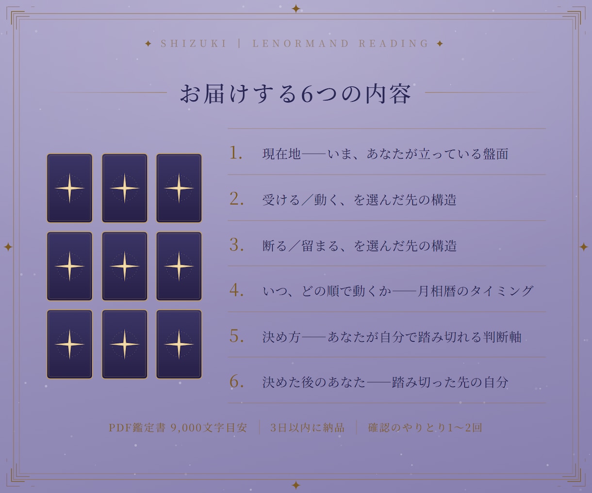 決断鑑定〈半月〉｜仕事の決断を9枚で構造化します 重い決断を、受ける／断る両方の先まで9枚で構造化します イメージ3
