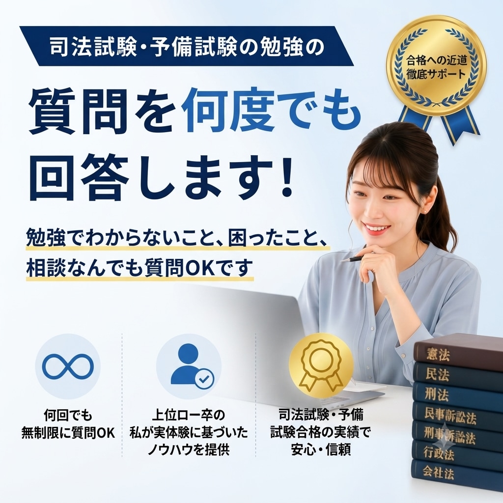 司法試験・予備試験の勉強の質問を何回でも回答します 勉強でわからないこと、困ったこと、相談なんでも質問OKです イメージ1