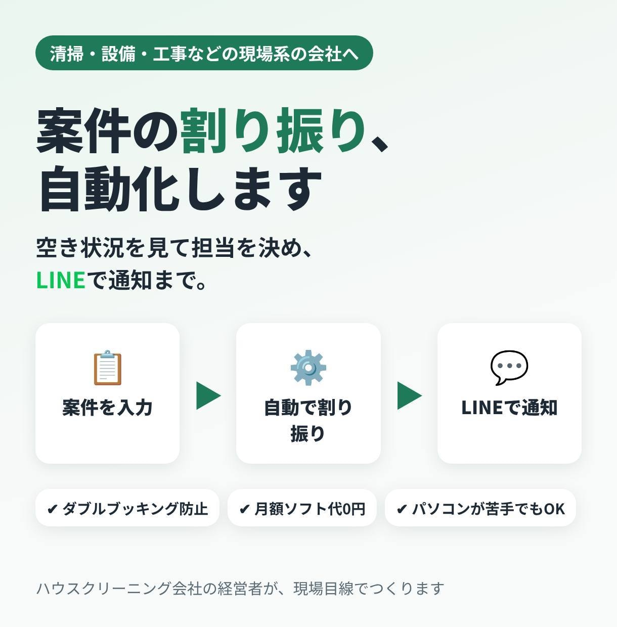 GAS・スプレッドシートで現場の手配を自動化します 割り振り・シフト・LINE通知｜清掃・設備・工事の会社向け イメージ1