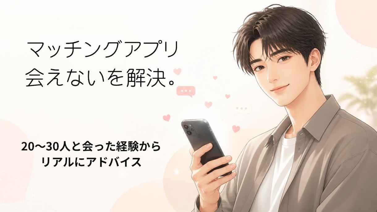 マチアプで会えない男性の悩みを一緒に解決します 20〜30人と会った経験からアドバイスします。 イメージ1