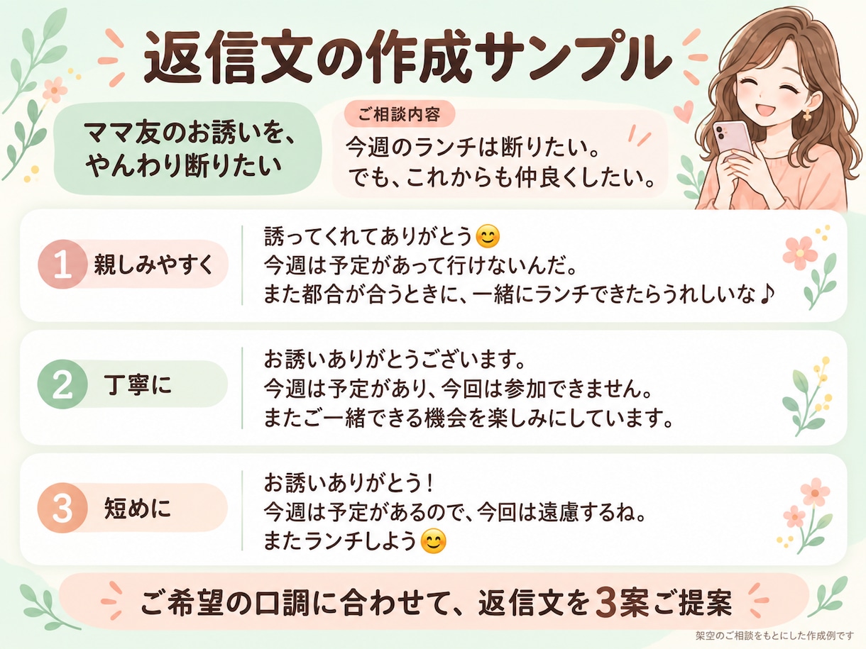 LINEの返信・断り方をあなたに代わって考えます ママ友・恋愛・仕事の言いにくい気持ちを自然な文章に イメージ2