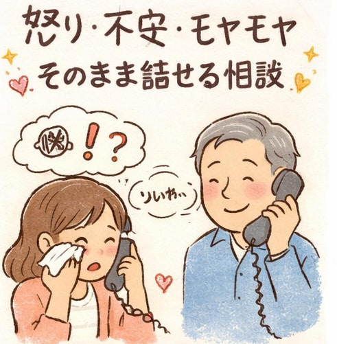 怒り・不安・モヤモヤをそのまま電話相談できます 整えなくて大丈夫。そのままの気持ちで話してください。 イメージ1
