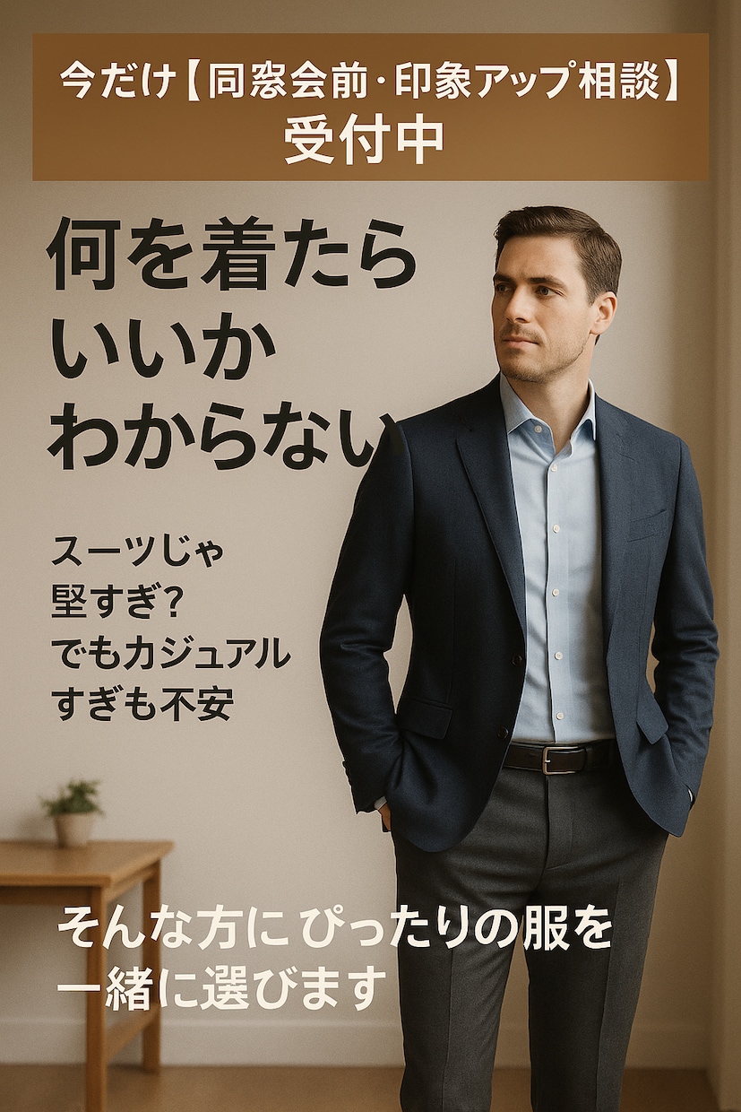 同窓会前の印象アップ相談｜服装アドバイスします 【同窓会】スーツじゃ堅すぎ？でもカジュアルすぎも不安…｜ イメージ1