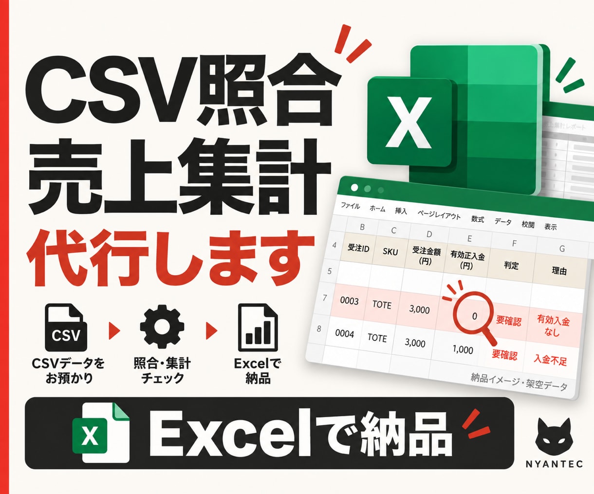 CSV照合・売上集計をExcelで納品します 未入金・重複の確認から月別・顧客別集計まで イメージ1