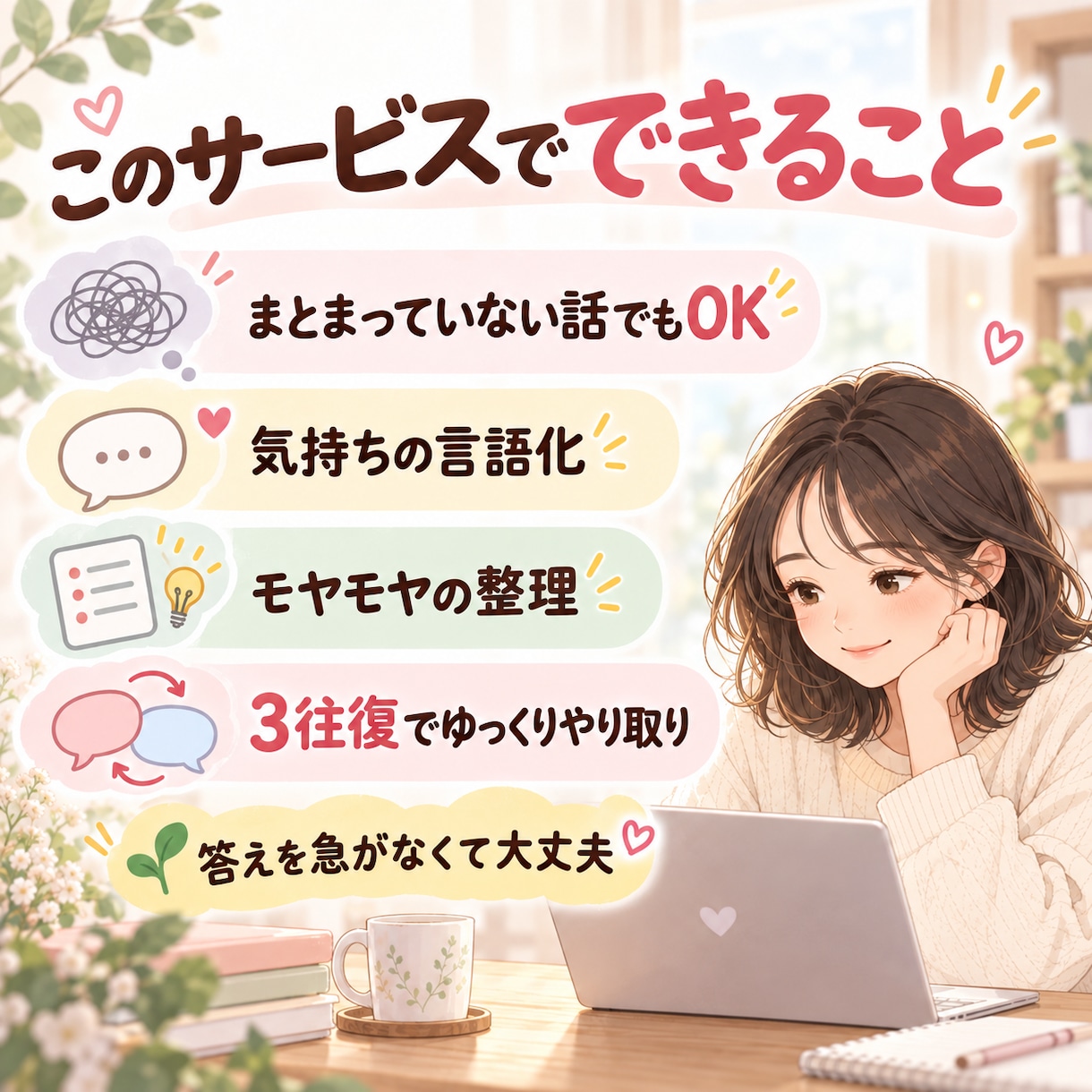 頭の中のモヤモヤを文章で一緒に整理します うまく話せなくても大丈夫。3往復でゆっくり整理 イメージ3