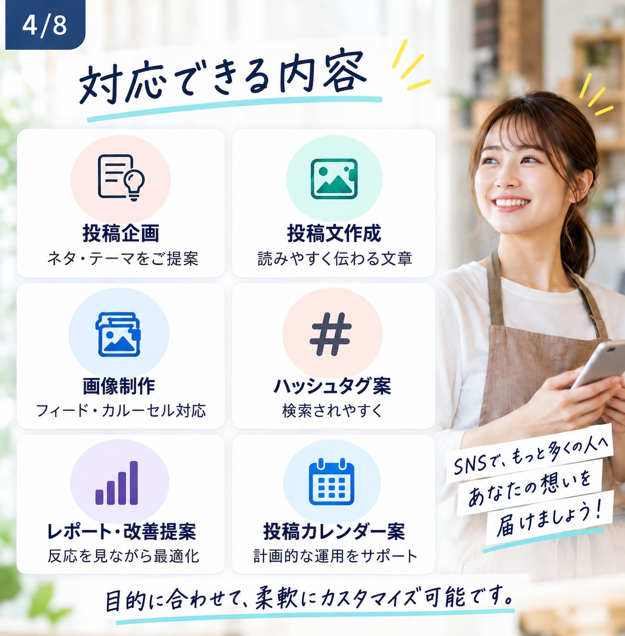 SNS運用を企画から投稿制作・改善まで支援します SNS投稿のお悩み、まとめて解決します イメージ4