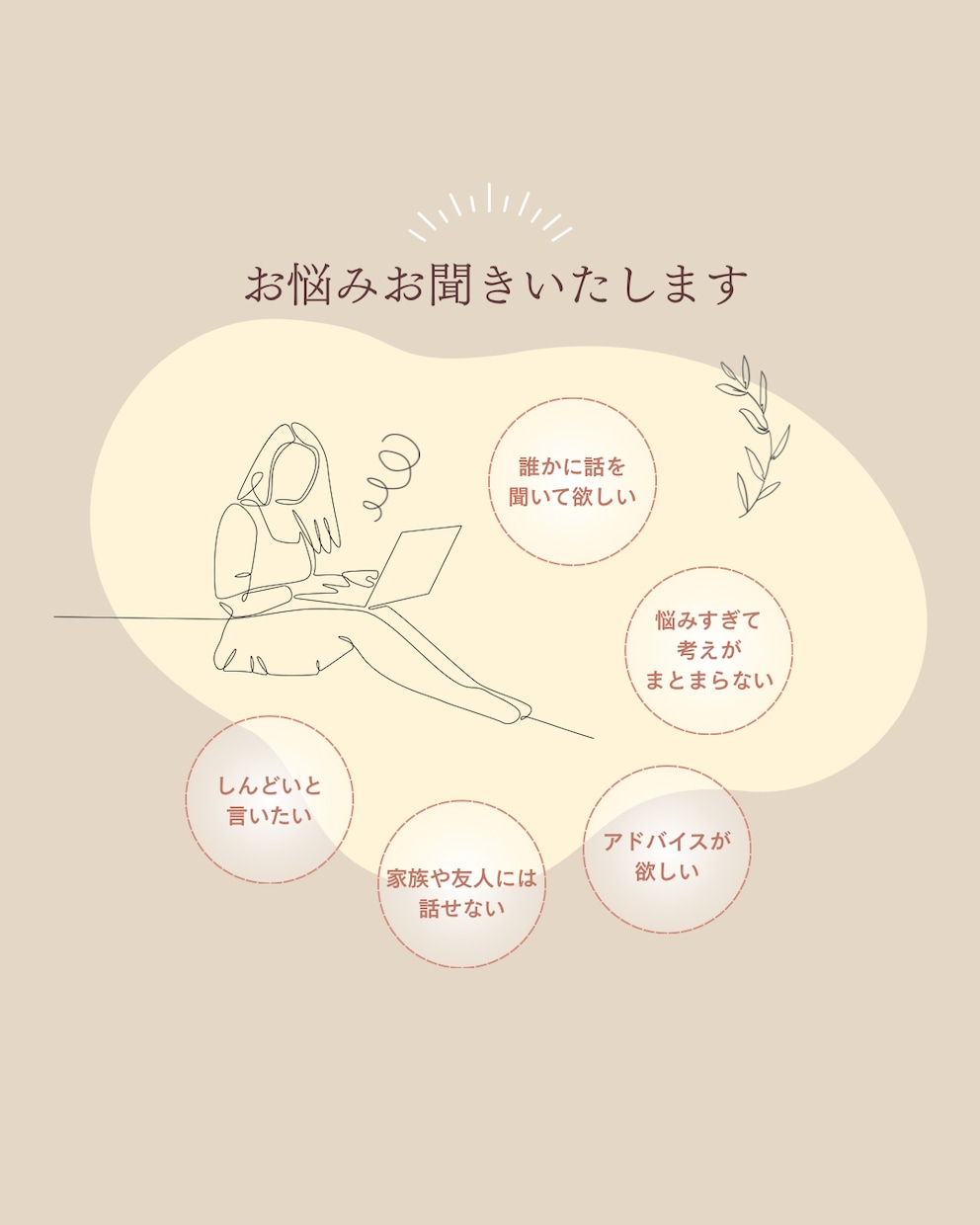 お悩みお聞きします 誰かに聞いて欲しい、モヤモヤするなどなんでもお話ください。 イメージ1