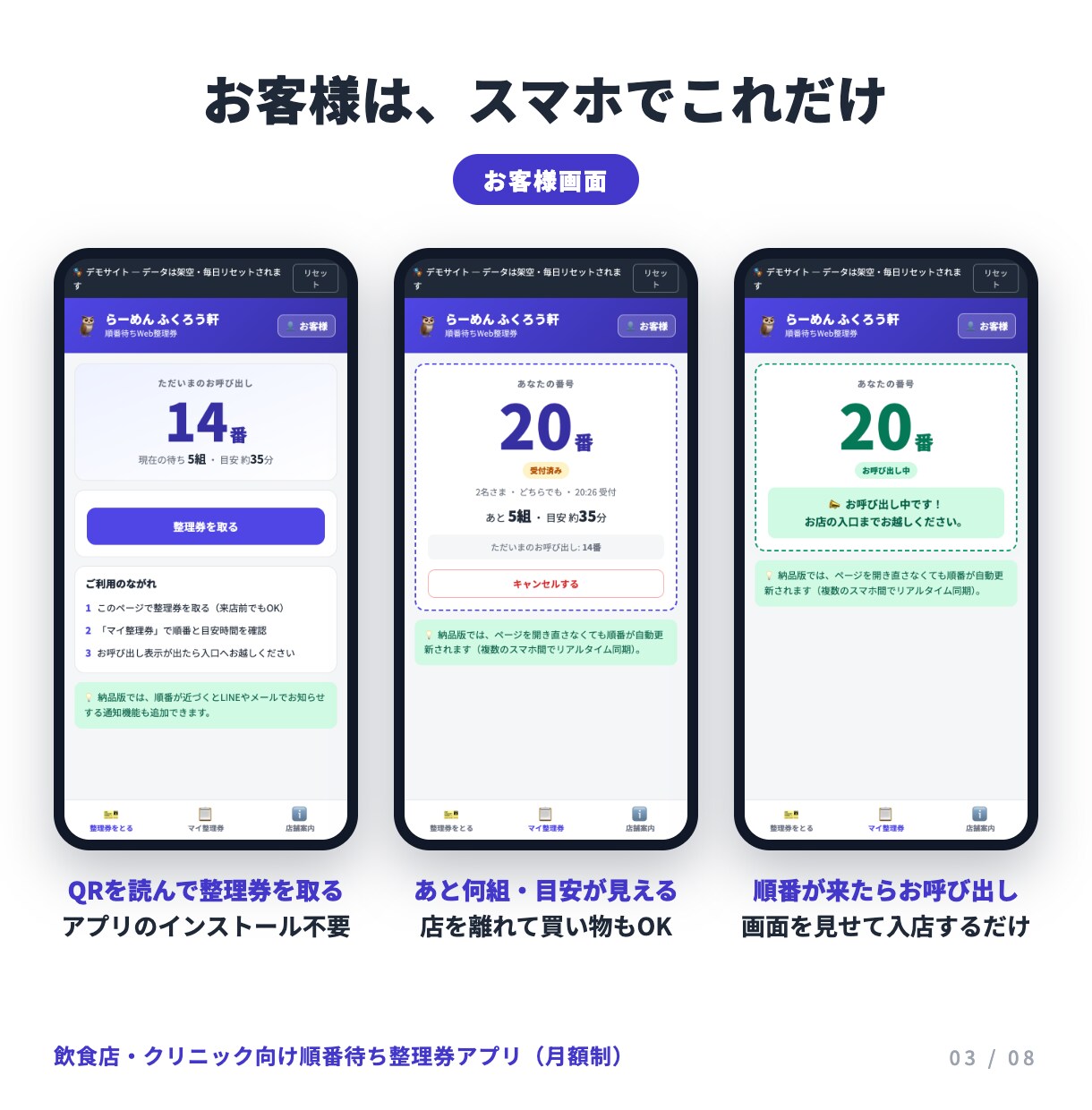 初期費用0円の順番待ちWeb整理券を提供します 初期費用0円・月額5,000円。行列をスマホ整理券に イメージ3