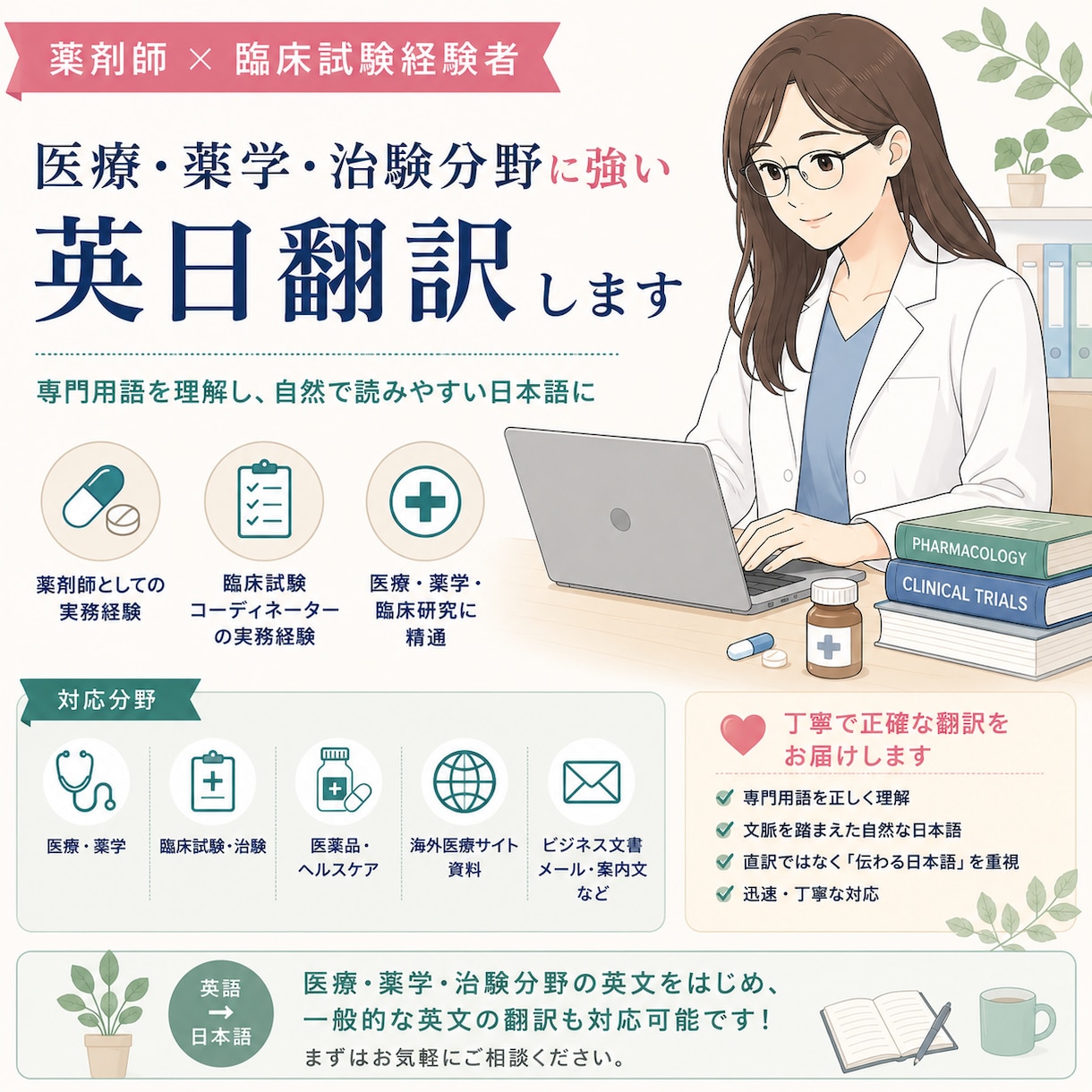 薬剤師×臨床試験経験者｜医療・薬学の英日翻訳します 医療・薬学に強い翻訳｜自然で読みやすい日本語に仕上げます。 イメージ1