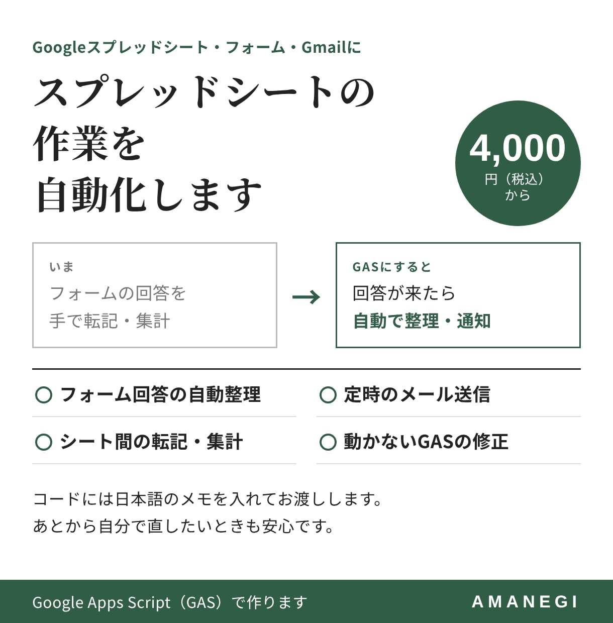 スプレッドシートの作業をGASで自動化します フォーム回答の整理・転記・メール通知を自動に イメージ1