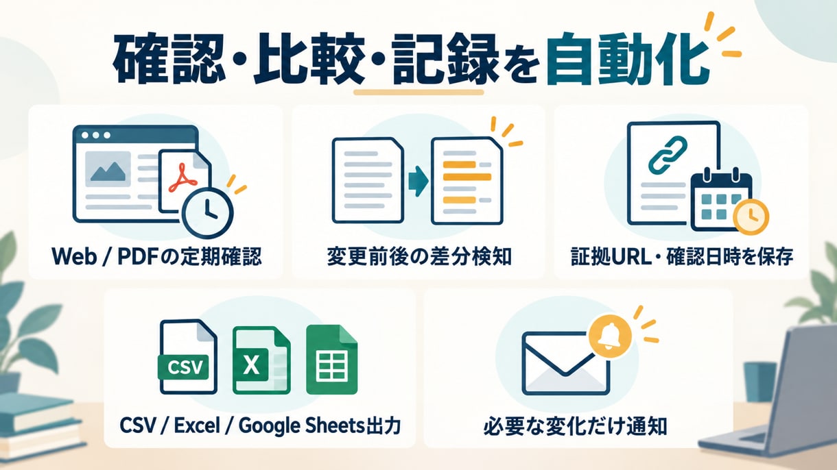 公開Web・PDFを自動確認し変更時だけ通知します 毎日見に行く作業をなくし必要な変化だけ通知 イメージ2