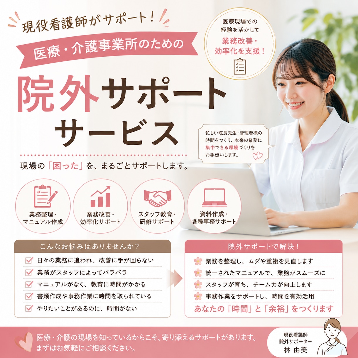 看護師が医療の業務整理・マニュアル作成を支援します 現場経験を活かし、業務を整理して「使える形」に整えます イメージ1