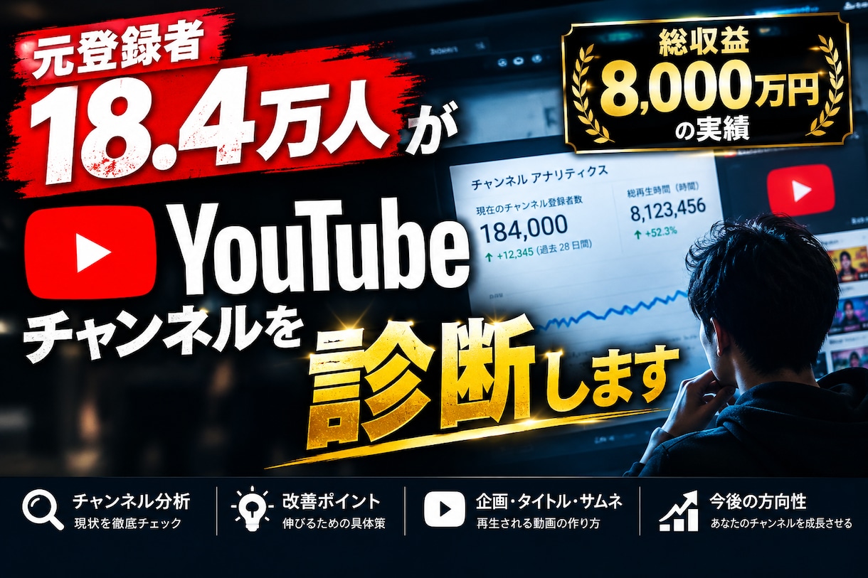 元登録者18.4万人がYouTubeの診断します 「なぜ伸びない？」を8項目で分析してお渡しします。 イメージ1