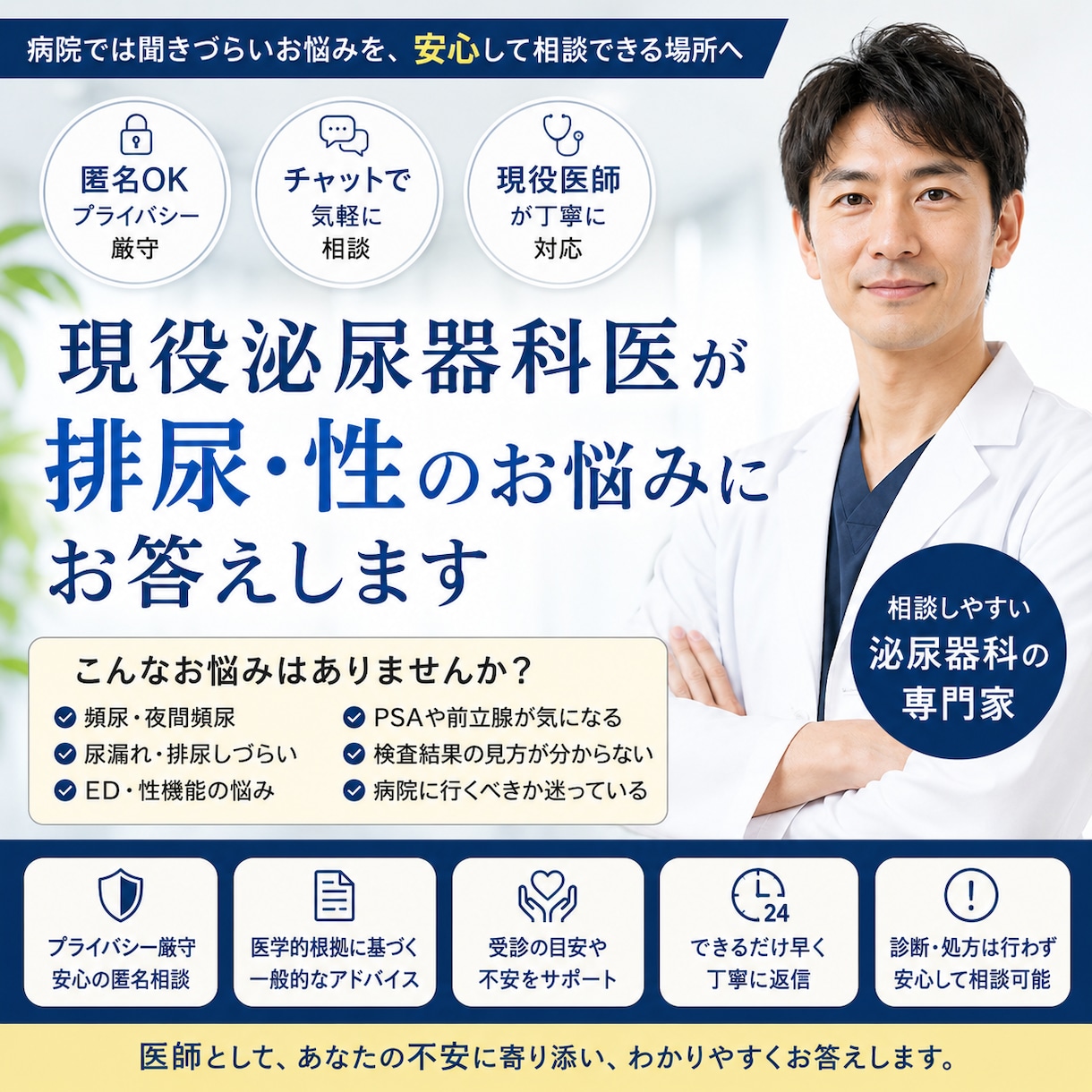 現役泌尿器科医が排尿・性のお悩みを匿名で聞きます 「病院では聞きづらい」を、安心して話せる場所へ。 イメージ1